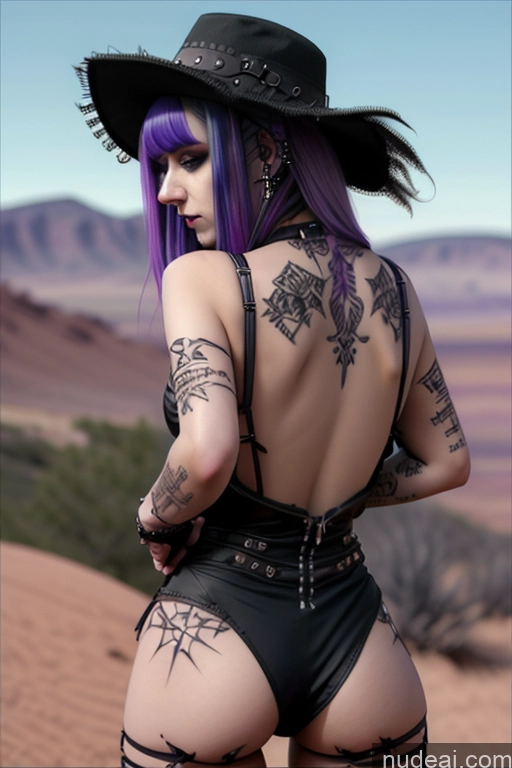 ai nude image of arafed woman with purple hair and tattoos in a black outfit pics of Gothic Punk Girl Perfect Boobs Big Ass Close-up View Purple Hair Slicked Nude Desert Bra Pull Down Busty Hat