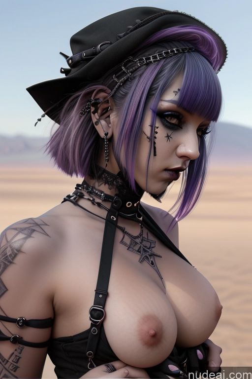 ai nude image of arafed woman with purple hair and tattoos in a desert pics of Gothic Punk Girl Perfect Boobs Big Ass Close-up View Purple Hair Slicked Nude Desert Bra Pull Down Busty Hat