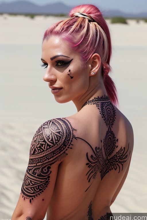 ai nude image of arafed woman with pink hair and tattoos on her back pics of Desert Close-up View Bra Pull Down Nude Busty Perfect Boobs Big Ass Tattoos Hat Sports Pink Hair Ponytail