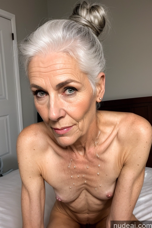 ai nude image of older woman with white hair sitting on a bed with a messy bun pics of Woman Skinny Pubic Hair White Hair Small Ass Hair Bun Bedroom Small Tits 60s Cumshot Nude