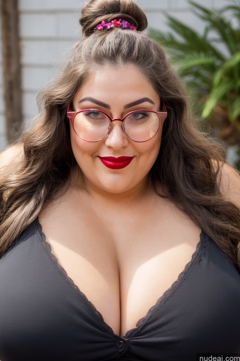 ai nude image of araffe woman with glasses and a black bra top posing for a picture pics of Happy 30s Huge Boobs Glasses Gold Jewelry Busty Long Hair Chubby Lipstick Woman Pearl Jewelry Diamond Jewelry Brunette Jewelry Cleavage Front View