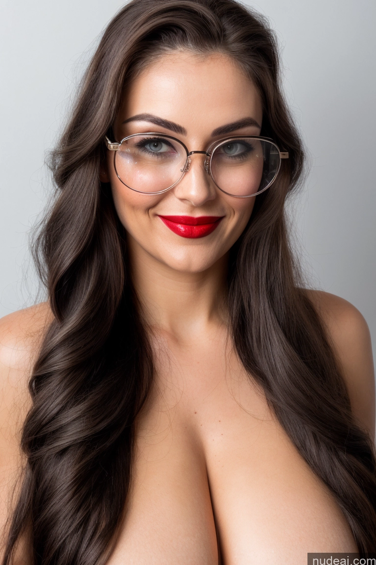 ai nude image of arafed woman with glasses and red lipstick posing for a picture pics of Happy 30s Huge Boobs Glasses Gold Jewelry Busty Long Hair Lipstick Pearl Jewelry Diamond Jewelry Brunette Jewelry Cleavage Front View Woman