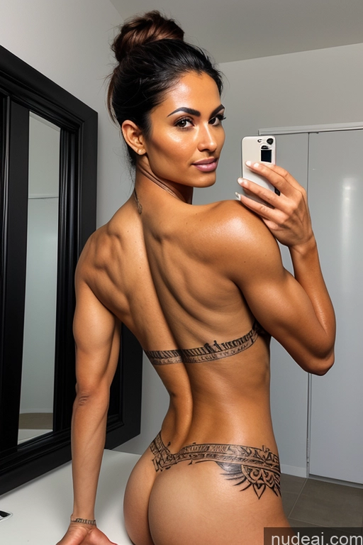 ai nude image of arafed woman taking a selfie in a bathroom with a mirror pics of One Muscular Perfect Body Tall Tanned Skin 40s Serious Black Hair Police Topless Arabic Mirror Selfie Changing Room Blowjob Perfect Boobs Tattoos Abs Big Ass Big Hips Ponytail Woman