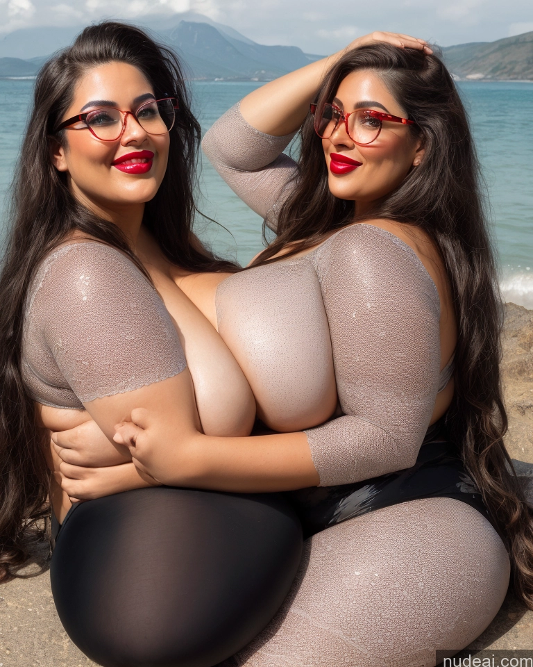 ai nude image of two women in tights and glasses posing for a picture pics of 30s Huge Boobs Glasses Busty Long Hair Lipstick Brunette Sexy Face Happy Fairer Skin Microkini Lingerie Model Chubby