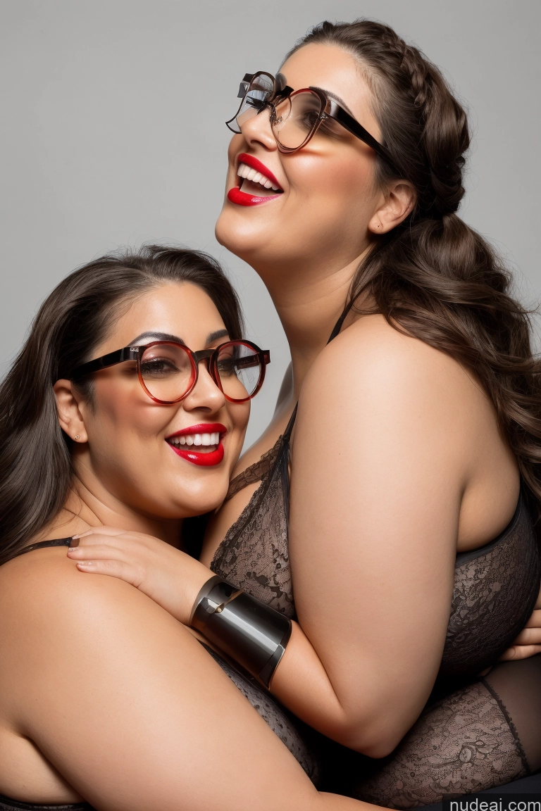 ai nude image of they are two women in lingersuits and glasses posing for a picture pics of 30s Huge Boobs Glasses Busty Long Hair Brunette Sexy Face Microkini Lingerie Model Chubby Lipstick Laughing Fairer Skin