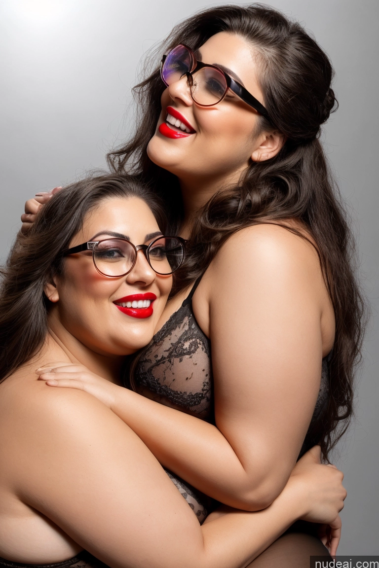 ai nude image of two women in lingersuits hugging each other with red lipstick pics of 30s Huge Boobs Glasses Busty Long Hair Brunette Sexy Face Microkini Lingerie Model Chubby Lipstick Laughing Fairer Skin