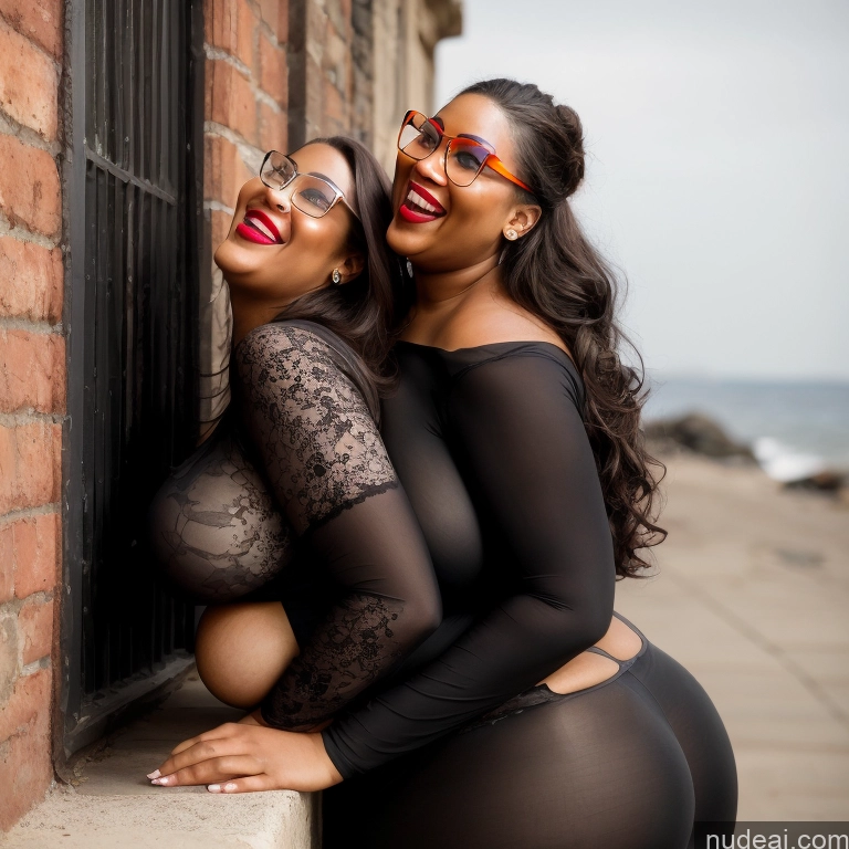 ai nude image of two women in black clothing and sunglasses posing for a picture pics of 30s Huge Boobs Glasses Busty Long Hair Brunette Sexy Face Lingerie Model Chubby Lipstick Laughing Dark Skin