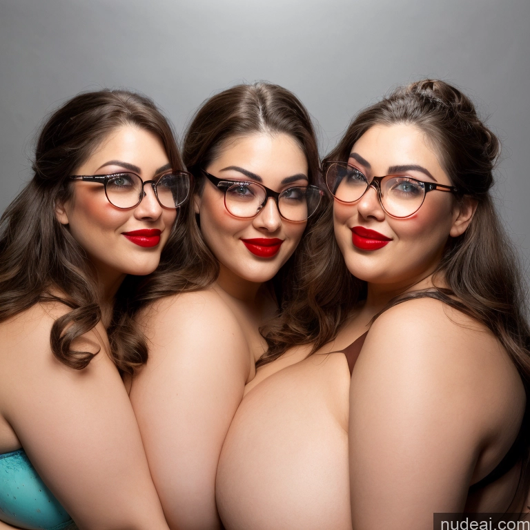 ai nude image of three women with glasses and red lipstick posing for a picture pics of 30s Huge Boobs Glasses Busty Long Hair Brunette Sexy Face Lingerie Model Chubby Happy Lipstick