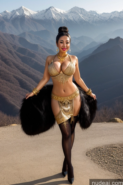 ai nude image of araffe woman in a gold outfit and black fur stole walking on a road pics of Busty Perfect Boobs Black Hair Hair Bun Stockings Dress Fur Diamond Jewelry Gold Jewelry Jewelry Pearl Jewelry Sci-fi Armor Mountains Chinese Dance Dress: Belly Dance