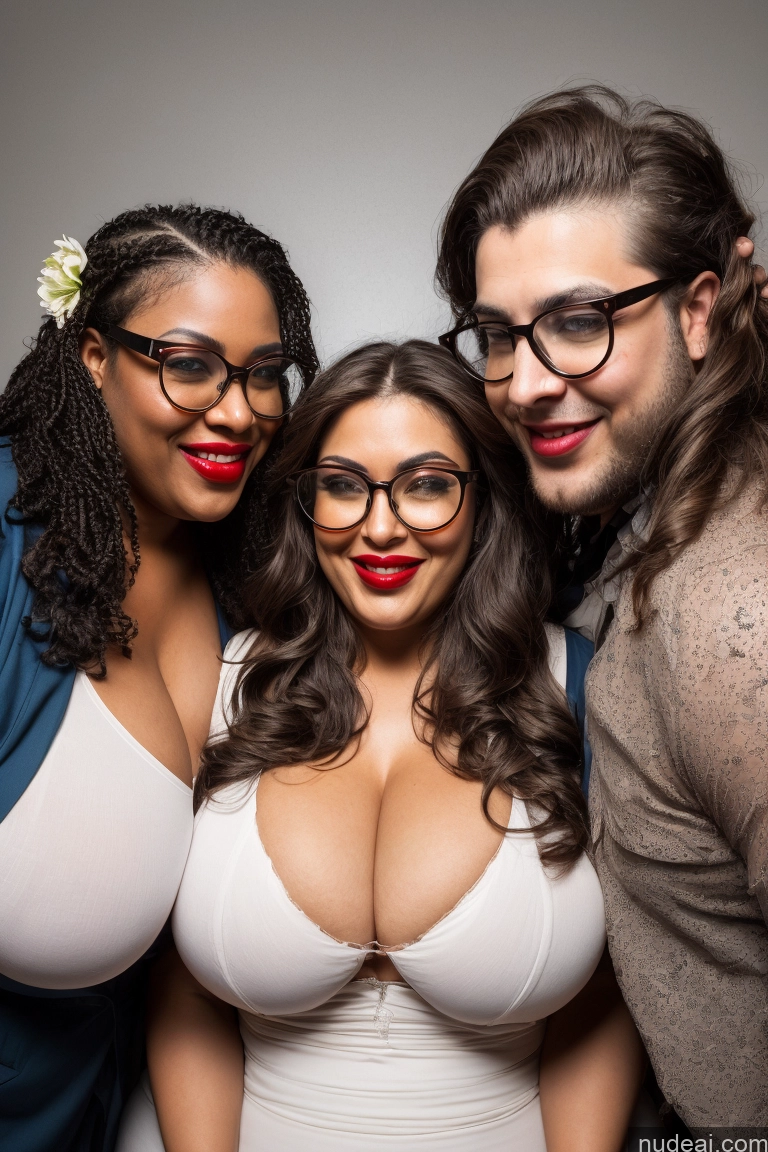 ai nude image of there are three people posing for a picture together in a studio pics of 30s Huge Boobs Glasses Busty Long Hair Brunette Chubby Lipstick Laughing Black Woman