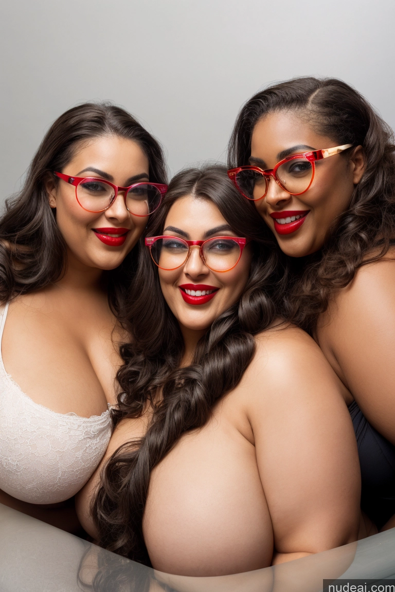 ai nude image of three women with red glasses posing for a picture pics of 30s Huge Boobs Glasses Busty Long Hair Brunette Chubby Lipstick Laughing Black Woman