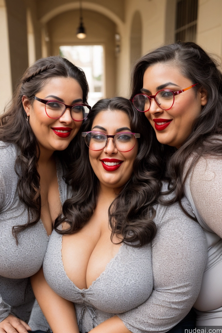 ai nude image of three women with glasses posing for a picture in a hallway pics of 30s Huge Boobs Glasses Busty Long Hair Brunette Chubby Lipstick Laughing Black Woman Topless