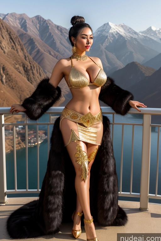 ai nude image of araffe woman in a gold outfit posing on a balcony pics of Busty Perfect Boobs Black Hair Hair Bun Stockings Dress Fur Diamond Jewelry Gold Jewelry Jewelry Pearl Jewelry Sci-fi Armor Mountains Chinese Dance Dress: Belly Dance