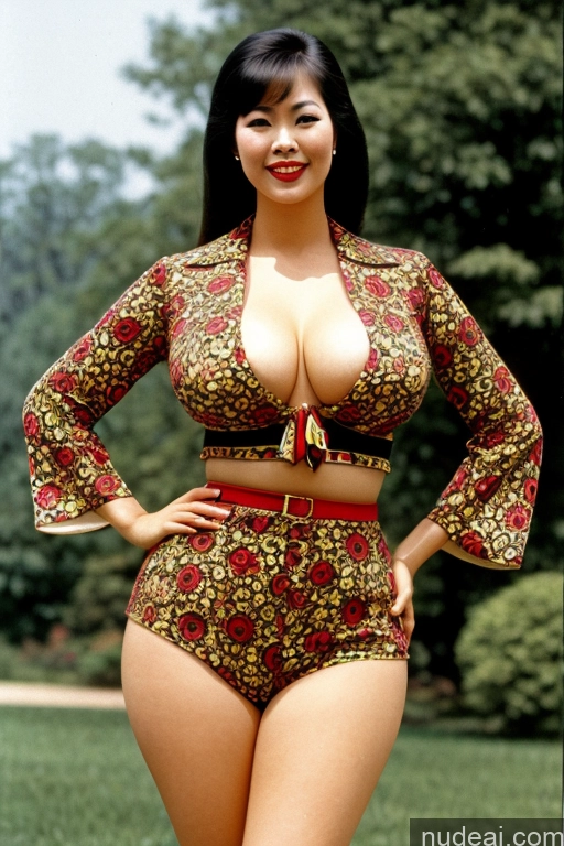 ai nude image of araffe woman in a floral print top and high waisted shorts pics of Busty Big Hips Asian Harlequin Front View 70s