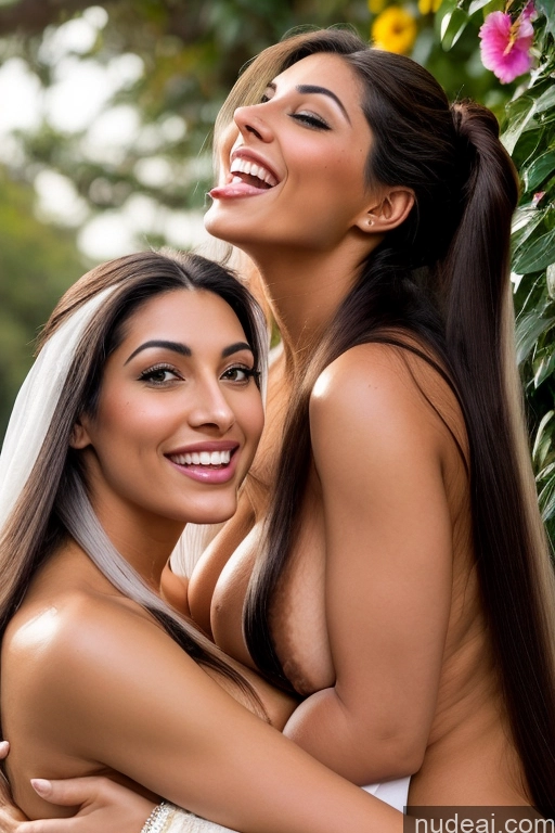 ai nude image of two women in wedding dresses hugging each other in front of a bush pics of Woman One Huge Boobs Beautiful Big Ass Big Hips 18 Happy Black Hair Long Hair Arabic Detailed Transparent Partially Nude Nude Kisses