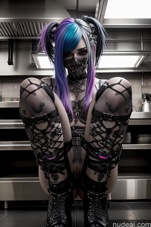 ai nude image of araffe with blue hair and a skull face and black boots pics of Close-up View Kitchen Rainbow Haired Girl Gothic Punk Girl Perfect Boobs Nude Spreading Legs