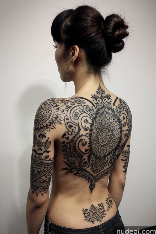 ai nude image of arafed woman with a tattoo on her back and a tattoo on her arm pics of Woman One Goth Chinese 18 Black Hair Bangs Tall Skinny Transparent Big Ass Perfect Boobs Tattoos Front View