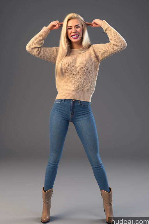 ai nude image of arafed woman in a sweater and jeans posing for a picture pics of Pubic Hair Big Hips Big Ass Skinny Beautiful Happy 60s Sweater Boots 18 T-pose Nude Blonde Sorority Straight Swedish 3d