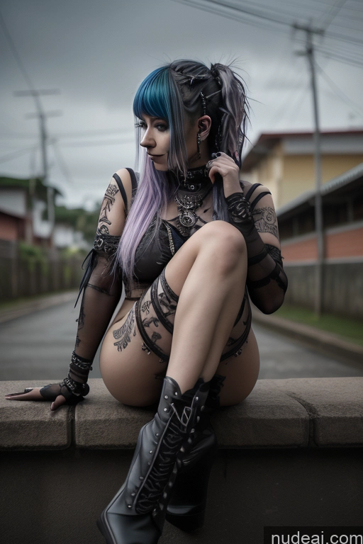 ai nude image of araffed woman with blue hair and tattoos sitting on a wall pics of Perfect Boobs Busty Close-up View Nude Rainbow Haired Girl Spread_legs, Pussy, Split_legs Brazilian Gothic Punk Girl Braided Moon