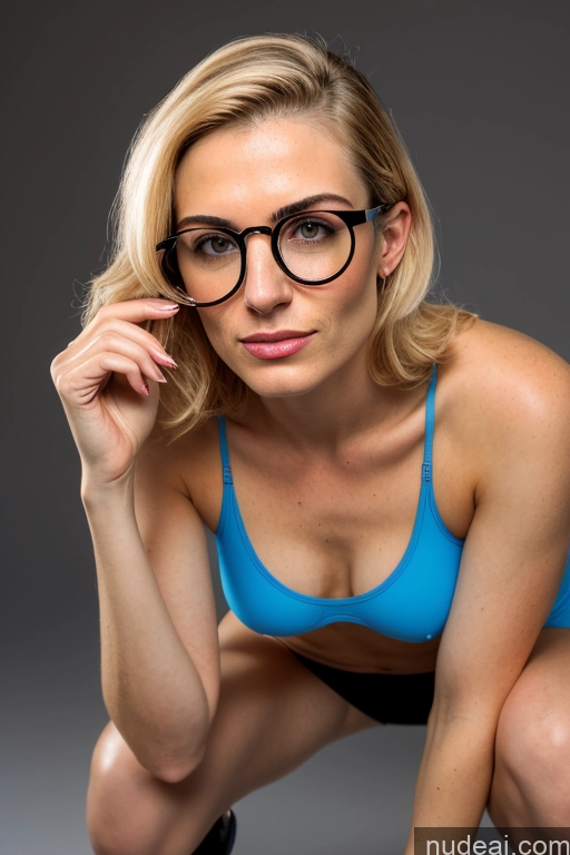 ai nude image of blond woman in blue sports bra top and black glasses crouching down pics of One Small Tits Beautiful Glasses Short Big Ass Skinny 18 Orgasm Blonde Jewish Milf Nude Squatting