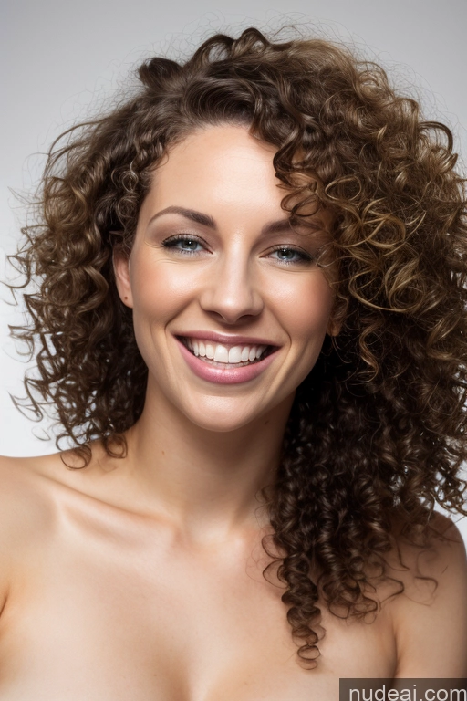 ai nude image of arafed woman with curly hair smiling and wearing a bra pics of One Thick Curly Hair Fairer Skin Brunette Nude Laughing 30s Woman Skin Detail (beta)