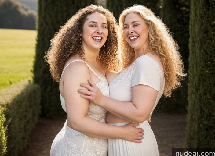 ai nude image of two women in white dresses hugging each other in a park pics of Milf One Curly Hair Fairer Skin Brunette Busty 30s Beautiful Chubby Thick Happy Laughing Hip Hop