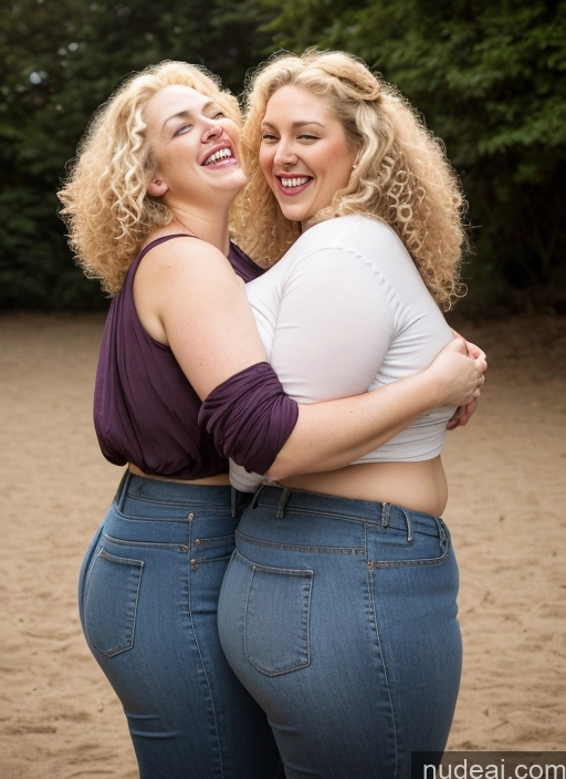 ai nude image of two women in jeans hugging each other in a park pics of Milf One Curly Hair Fairer Skin Brunette Busty 30s Beautiful Chubby Thick Laughing Hip Hop