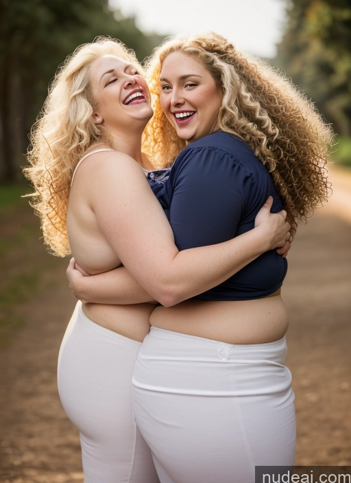 ai nude image of two women hugging each other in a park with trees in the background pics of Milf One Curly Hair Fairer Skin Brunette Busty 30s Beautiful Chubby Thick Laughing Hip Hop