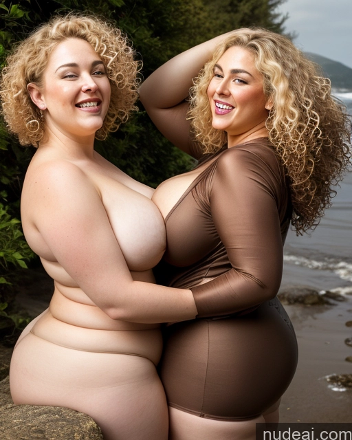 ai nude image of two women in brown swimsuits posing for a picture on the beach pics of Milf One Curly Hair Fairer Skin Brunette Busty 30s Beautiful Chubby Thick Hip Hop Happy