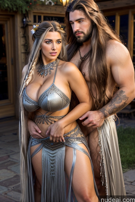 ai nude image of arafed woman in a silver dress and a man in a silver outfit pics of Woman + Man Two Huge Boobs Beautiful Big Ass 18 Black Hair Long Hair British Dance Dress: Belly Dance Doggy Style