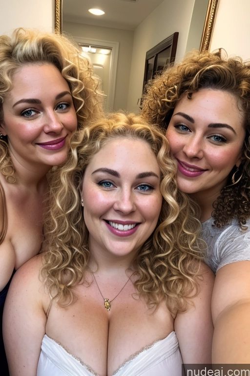 ai nude image of three women posing for a picture in a bathroom with a mirror pics of Milf Busty 30s Happy Curly Hair Fairer Skin Jewelry Pearl Jewelry Gold Jewelry Diamond Jewelry Thick Chubby Mirror Selfie