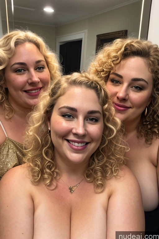 ai nude image of three women in a bathroom posing for a picture with their breasts pics of Milf Busty 30s Happy Curly Hair Fairer Skin Jewelry Pearl Jewelry Gold Jewelry Diamond Jewelry Thick Chubby Mirror Selfie