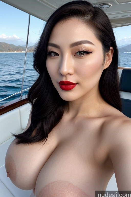 related ai porn images free for Woman One Huge Boobs Lipstick Skinny Fairer Skin 30s Black Hair Slicked Korean Front View Nude Simple Yacht Dark Lighting