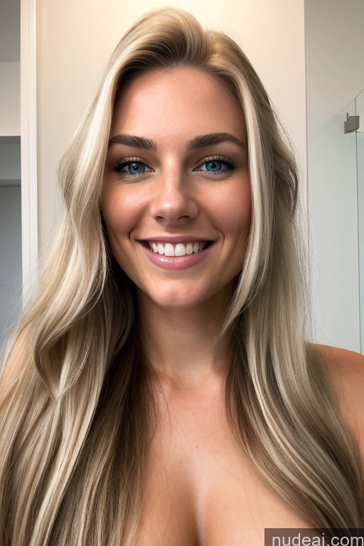 ai nude image of blonde woman with blue eyes and long hair smiling in a bathroom pics of Woman One Perfect Boobs 18 Happy Blonde Long Hair Scandinavian Mirror Selfie Bathroom Front View Nude