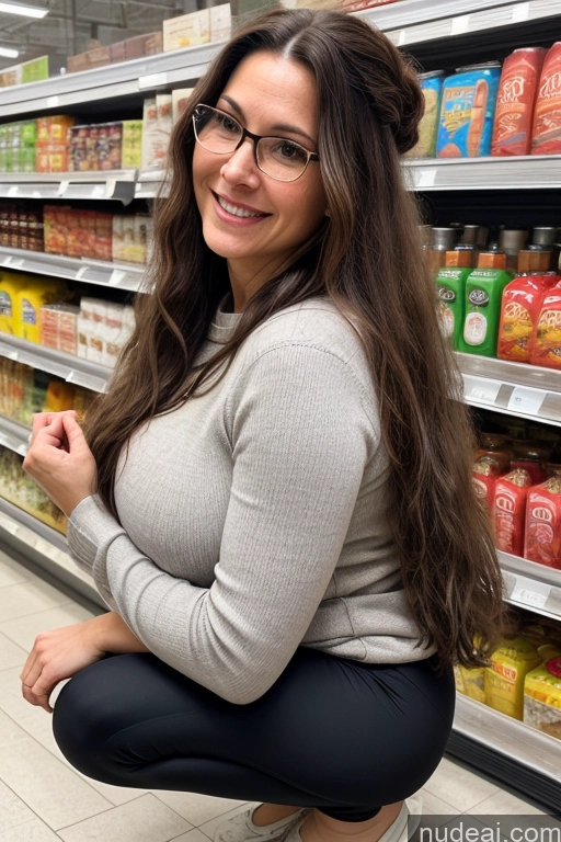 ai nude image of arafed woman kneeling on a grocery aisle with a variety of food items pics of Milf One Thick Perfect Boobs Fairer Skin White Soft + Warm Grocery Front View Simple Seductive Serious Sexy Face Yoga Pants Sweater Squatting Brunette Happy Shirt 40s Long Hair