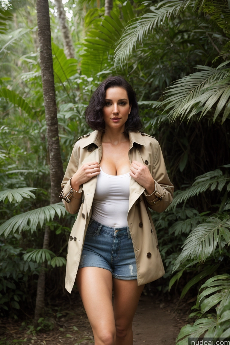 ai nude image of araffe woman in a trench coat and denim shorts walking through a forest pics of One Big Ass Perfect Body Pubic Hair Fairer Skin 40s Orgasm Black Hair Jungle High Heels Jacket Jeans Shirt Bright Lighting Perfect Boobs Model Front View Jumping Trench Coat Stylish Short Shorts White