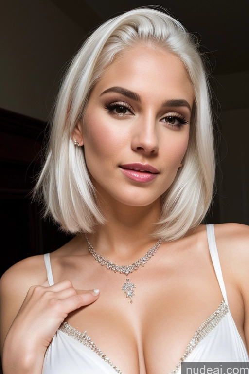 ai nude image of blond woman with a white bralet and a necklace posing for a picture pics of Sexy Face Beautiful Perfect Boobs Miss Universe Model Jewelry Detailed Fairer Skin Nightgown White Hair Latina