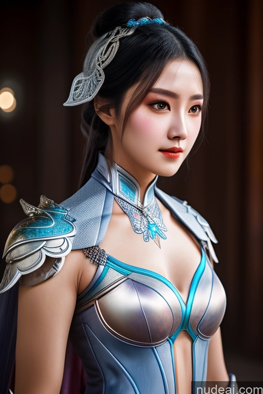 ai nude image of arafed woman in a silver and blue costume posing for a picture pics of TangWuTong Fantasy Armor