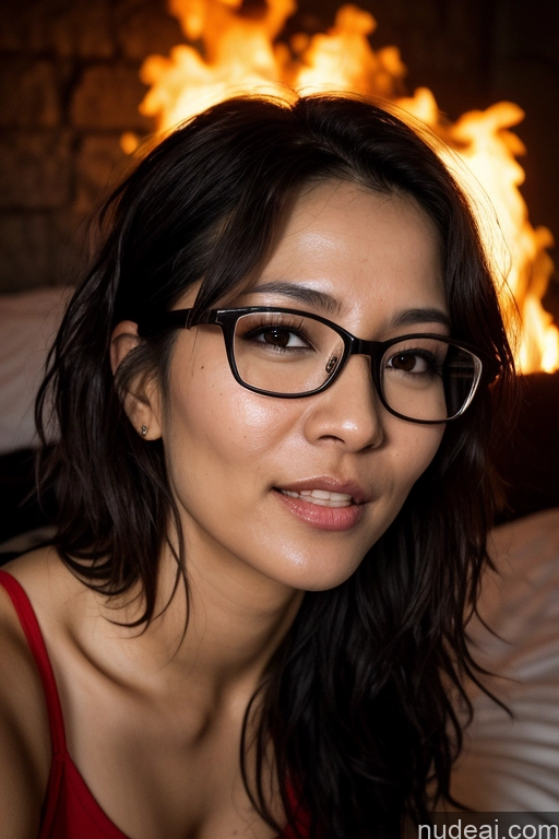 ai nude image of there is a woman wearing glasses sitting on a bed in front of a fire pics of Woman One 30s Seductive Brunette Asian Cheerleader Cumshot Hell Messy Small Tits Glasses Skinny Short