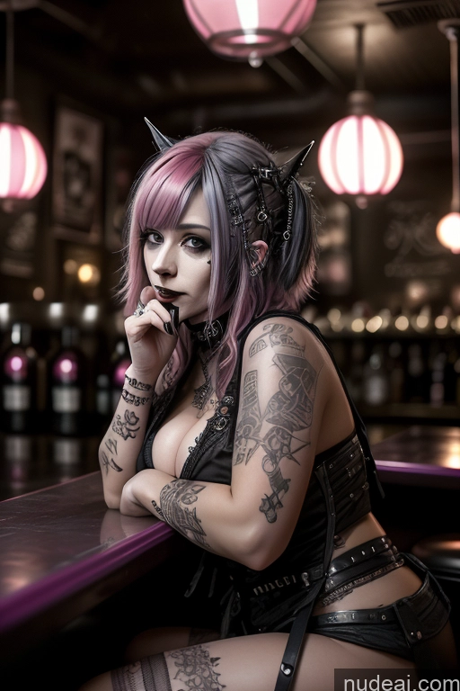 ai nude image of arafed woman with pink hair and piercings sitting at a bar pics of Gothic Punk Girl Busty Perfect Boobs Big Ass Pink Hair Czech Close-up View Nude Bar 50s