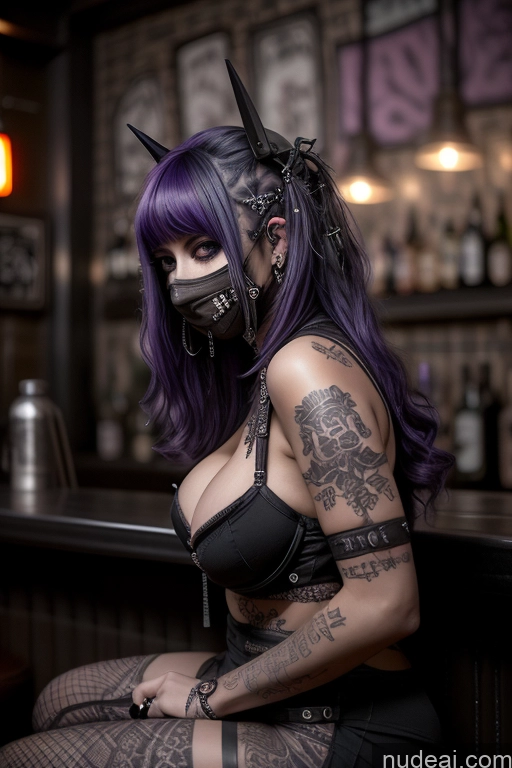 ai nude image of arafed woman with purple hair and a mask sitting at a bar pics of Gothic Punk Girl Busty Perfect Boobs Big Ass Close-up View Nude Bar 50s Egyptian Purple Hair