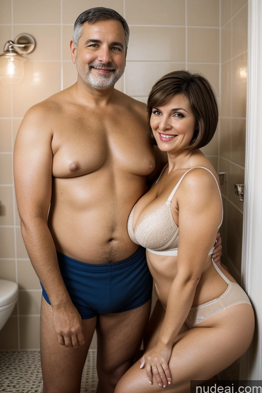 ai nude image of there is a man and woman posing in a bathroom together pics of Woman + Man Two Busty 60s Orgasm Brunette Short Hair Spanish Vintage Bathroom Front View Squatting Bra Transparent Bright Lighting Simple