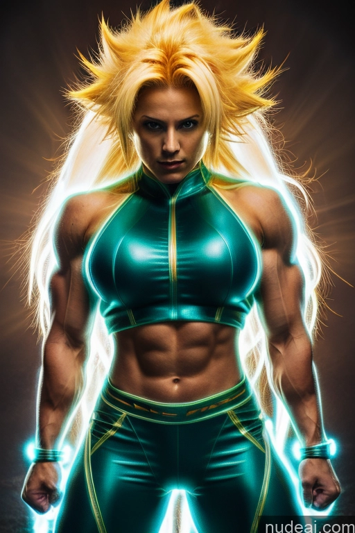 Ukraine Busty Abs Front View Muscular Cosplay Super Saiyan 3 Super Saiyan Neon Lights Clothes: Blue Blue Hair Powering Up Science Fiction Style Superhero Bodybuilder