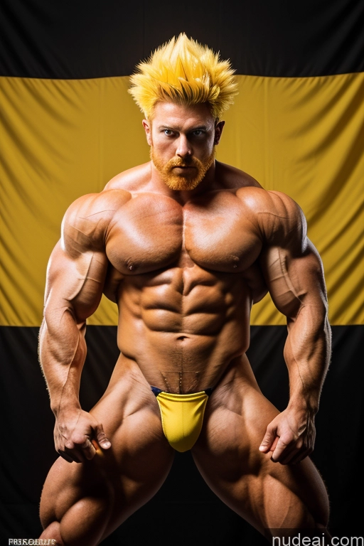 ai nude image of arafed man with a yellow mohawk and a yellow bikini posing for a picture pics of Ukraine Busty Abs Front View Muscular Cosplay Superhero Bodybuilder Super Saiyan 4