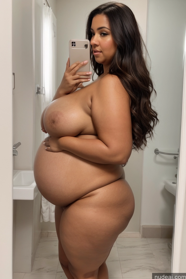 ai nude image of araffe woman taking a selfie in a bathroom mirror pics of Woman Big Ass 20s Brunette Latina Long Hair Mirror Selfie Nude Bathroom Fat Front View Huge Boobs Pregnant