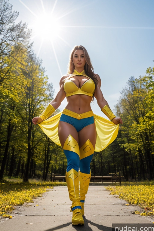 ai nude image of araffe woman in a yellow and blue outfit posing for a picture pics of Ukraine Busty Abs Front View Muscular Powering Up Cosplay