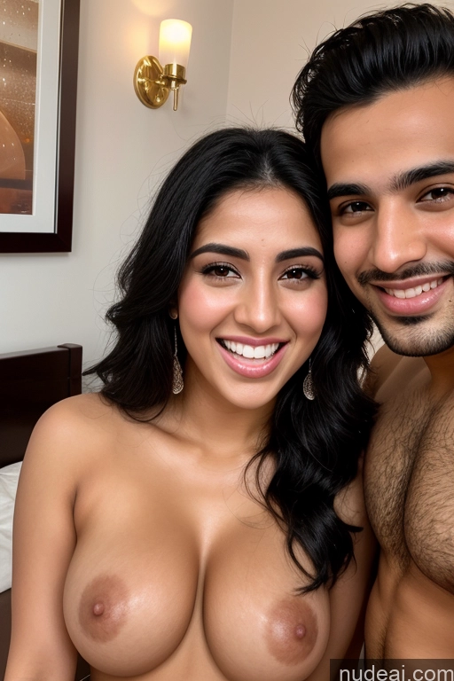 ai nude image of there is a man and woman posing for a picture in a hotel room pics of Arabic Black Hair 20s Woman + Man Orgasm Two Front View Small Tits Perfect Boobs Happy Cumshot