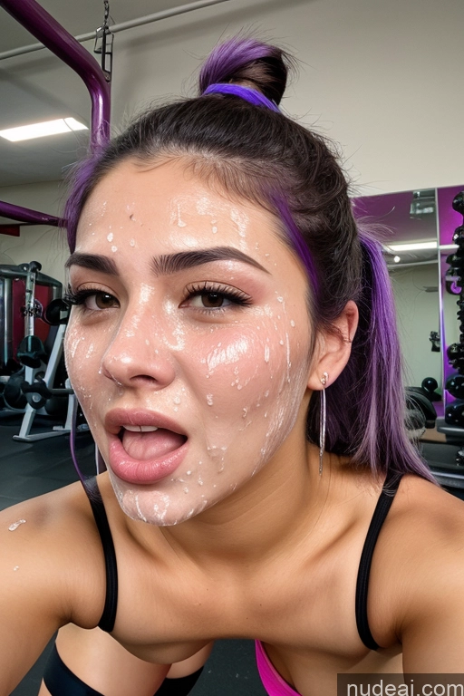 ai nude image of arafed woman with purple hair and a black bra top in a gym pics of Purple Hair Pigtails Gym Small Tits Cumshot Woman + Man Two Orgasm Sexy Face Shocked 18