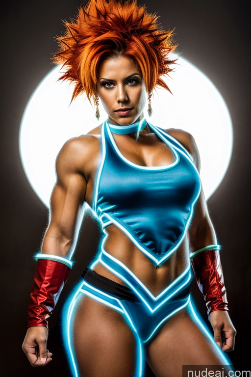 ai nude image of arafed woman in a blue outfit posing for a picture pics of Israel Front View Cosplay Muscular Neon Lights Clothes: Blue Busty Woman Super Saiyan 4 Blue Hair Superhero Spandex Satin