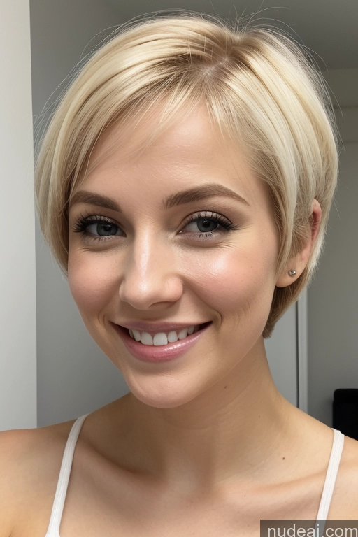 ai nude image of blond woman with short hair smiling in front of a mirror pics of Woman Small Tits Small Ass Skinny Short Fairer Skin 30s Happy Blonde Short Hair White Front View Nude